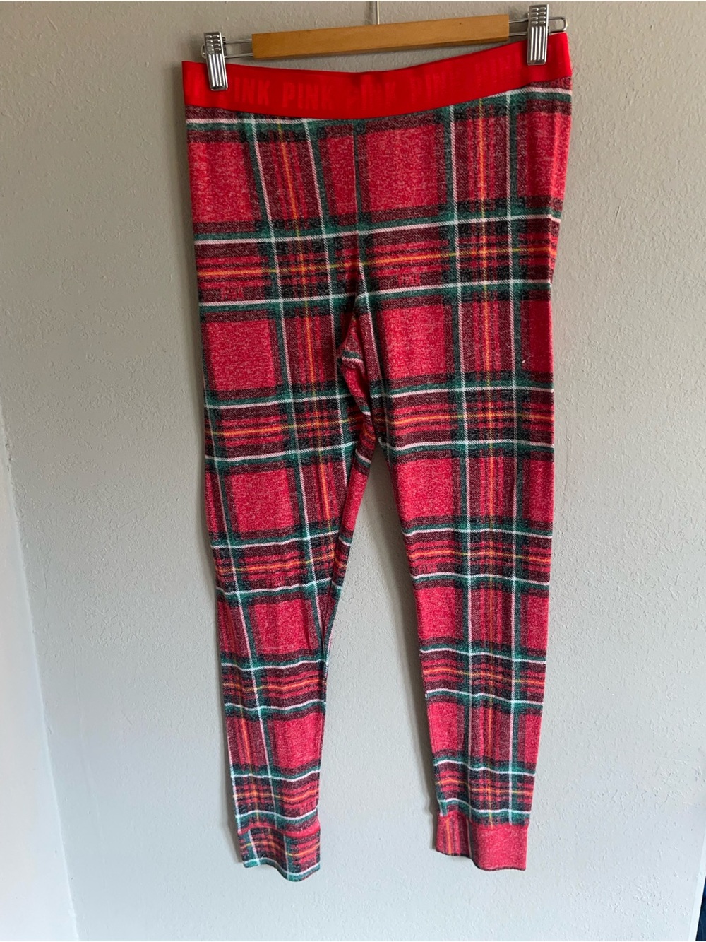 Pink Plaid womens Leggings pajama pants - Red Tartan Print